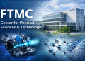 FTMC Center for Physical Sciences and Technology research facility in Lithuania with laser laboratory, nanotechnology visuals and materials science elements