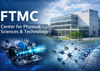 FTMC Center for Physical Sciences and Technology research facility in Lithuania with laser laboratory, nanotechnology visuals and materials science elements