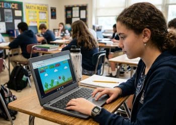 Student playing HTML5 browser games on a Chromebook laptop